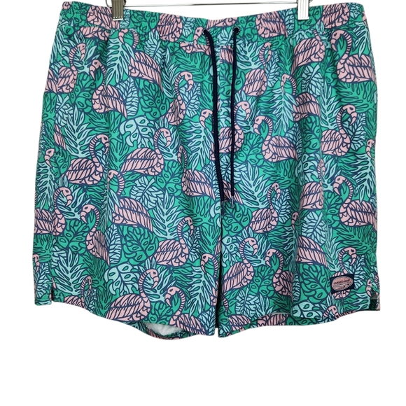 Vineyard Vines Printed Chappy Antigua Flamingo Swim Trunk Green Pink Men Size XL - Picture 4 of 13